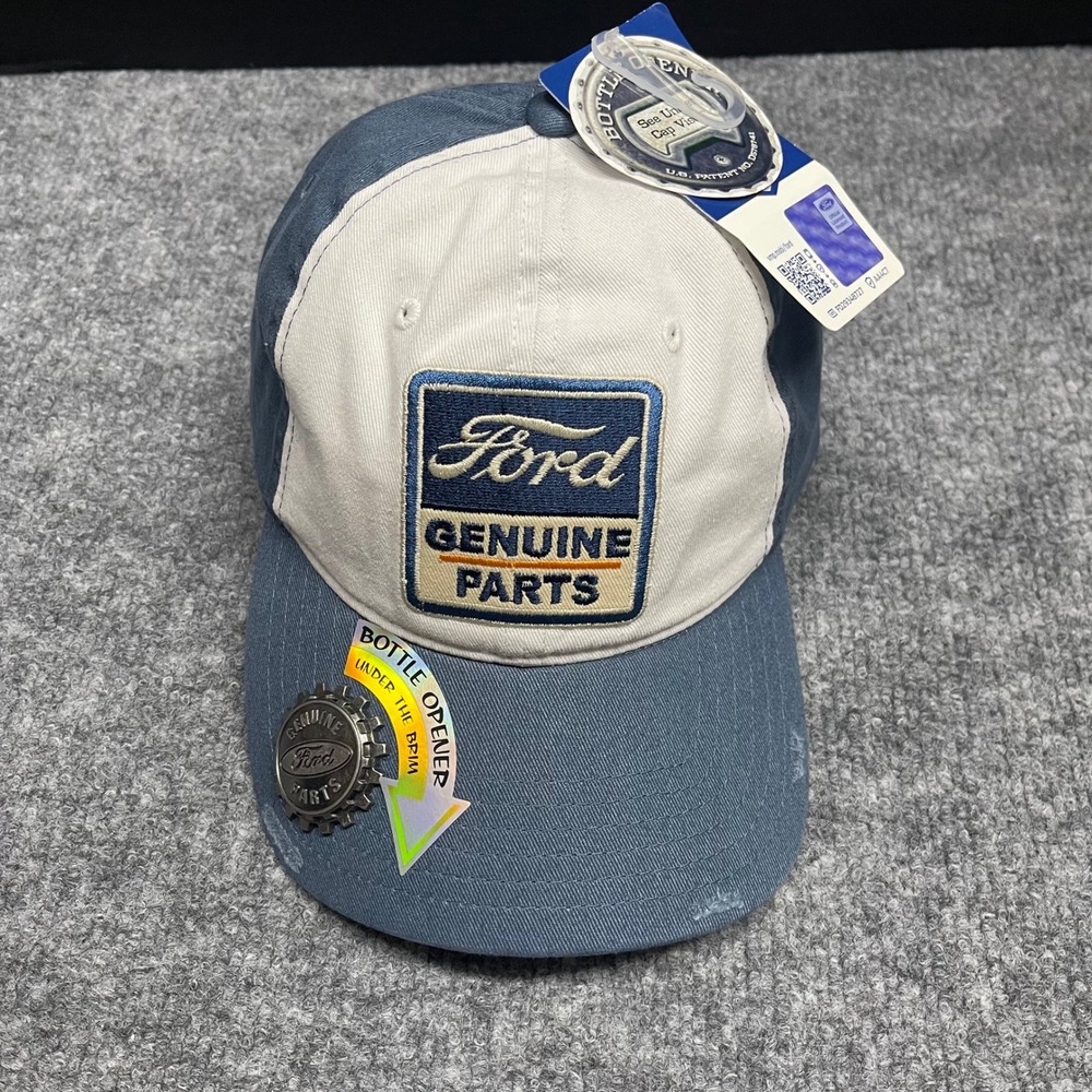 Ford Hat Cap Mens Blue Bottle Opener Genuine Parts Fray Adjustable Strap NEW
